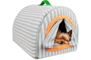 KIRRYKIKY Warm Enclosed Dog Bed, 2-in-1 Small Dog House Indoor, Cat Bed Cave with Curtain & Washable Plush Cushion, Portable Non-Slip Hideaway for Pets Under 17 lbs(Grey, Medium)