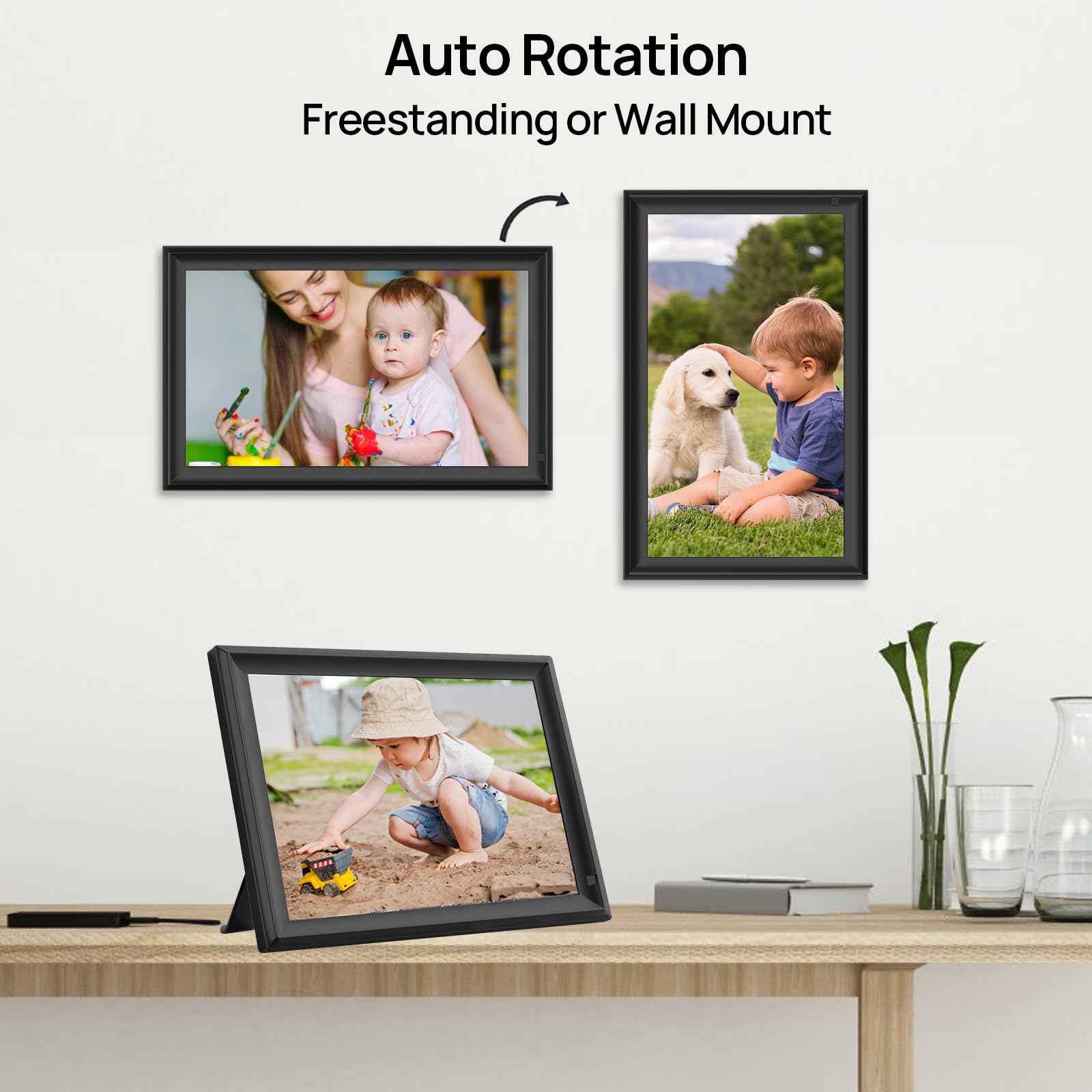 15.6inch FRAMEO Digital Photo Frame with 1920x1080 FHD IPS LCD Touch Screen, Dual-WiFi Share Photos & Videos Via Frameo, Support USB Drive/SD Card Extend Storage, Auto-Rotate, Wall Mountable With VESA