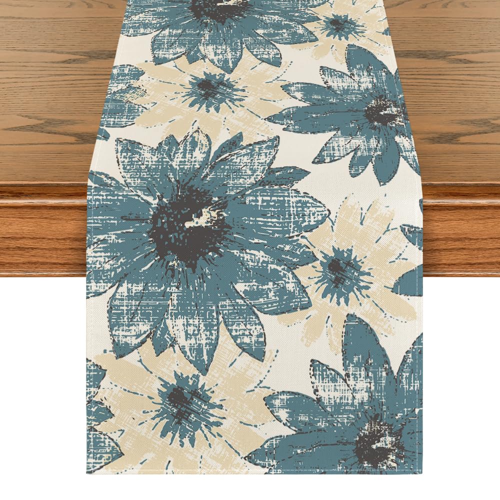 Photo 1 of Artoid Mode Blue Retro Daisy Spring Table Runner, Seasonal Vintage Kitchen Dining Table Decoration for Home Party Decor 13x72 Inch