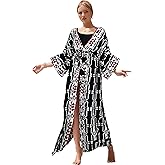 Checked beach kimono cover ups for Women 3/4Sleeve Kimono Duster Light Weight Kimono Cover up Loose swimwear cover ups kimono robes Open Front summer cardigans Beach Cover up with Belt (778 Check)