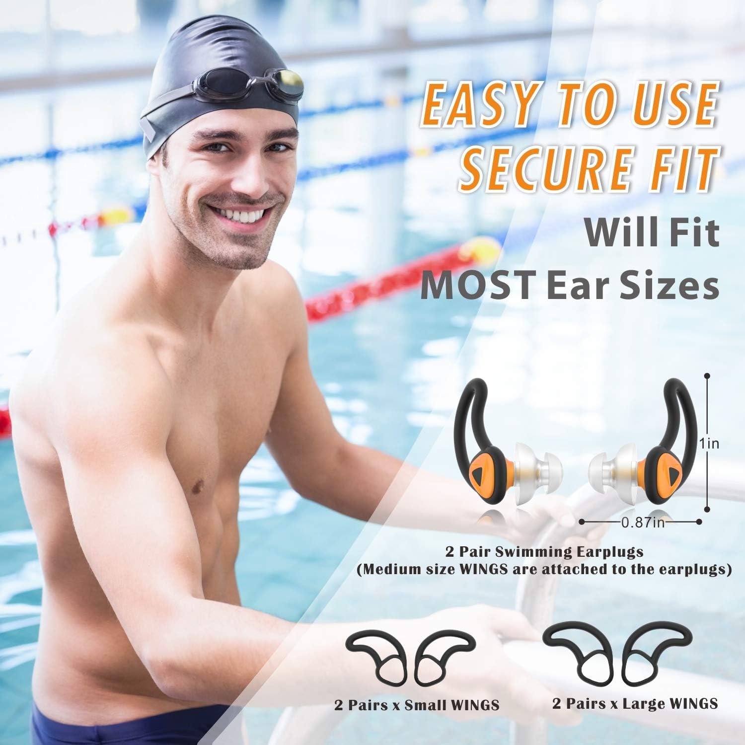 2 Pairs Swimmer Ear Plugs, Hearprotek Upgraded Custom-fit Water Protection Adult Swimming earplugs for Swimmers Water Pool Shower Bathing and Other Water Sports(Orange): Health & Personal Care