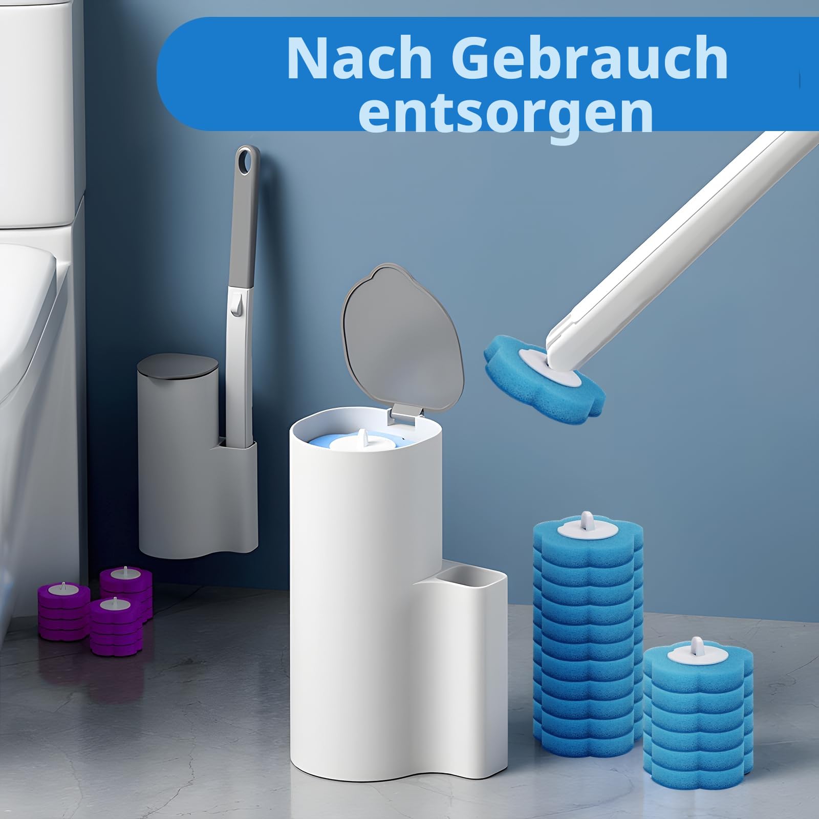 Einweg Toilettenbürste, 2er Set verlängertem Griff und Halter Toilettenbürste Einweg, Klobürste mit 48 Stück Reiniger Nachfüllungen für Badezimmerreinigung, Waschbecken, Badewanne（Gemischter Duft） 4