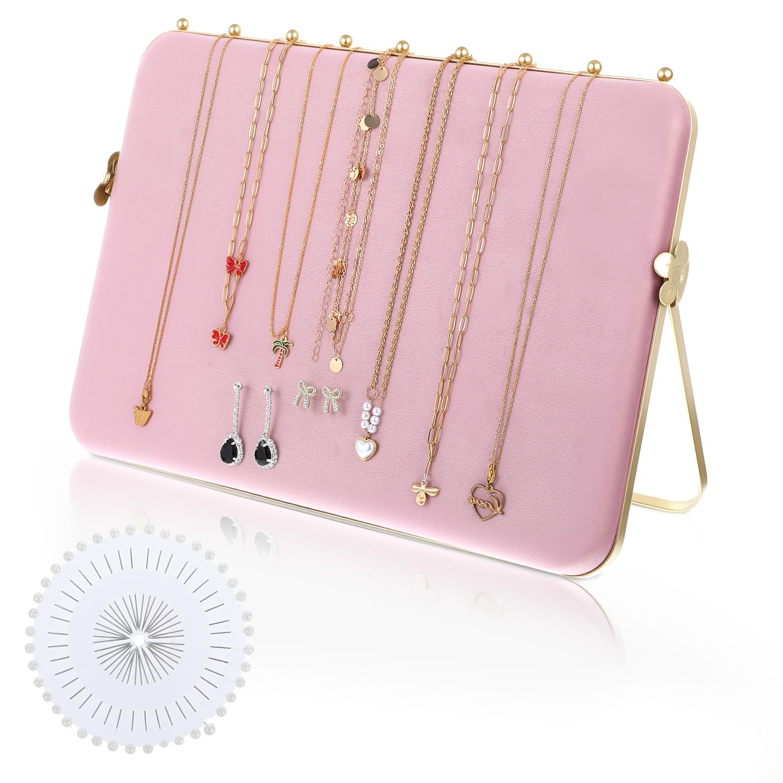 Photo 1 of 1 Pack Double-Sided Velvet Necklace Display Stand – Pink & White Jewelry Organizer Holder for Vendors, Craft Shows, Exhibitions (14 x 10 Inches, Metal Frame)