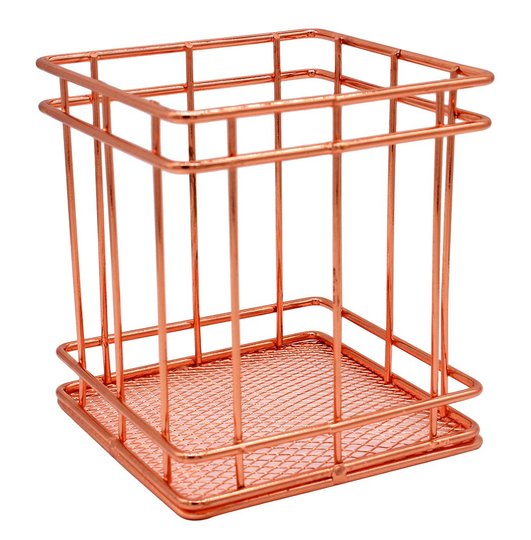 Xiaoyu Metal Wire Pencil Holder Office Supplies Desk Organizer Makeup Brush Holder, Rose Gold, Square