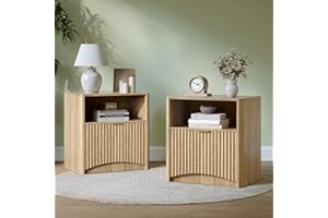 Evermagin Fluted Nightstand Set of 2, Natural Oak Bedside Table with Drawer and Storage, Wood End Table Mid Century Modern, Large Night Stand for Bedroom