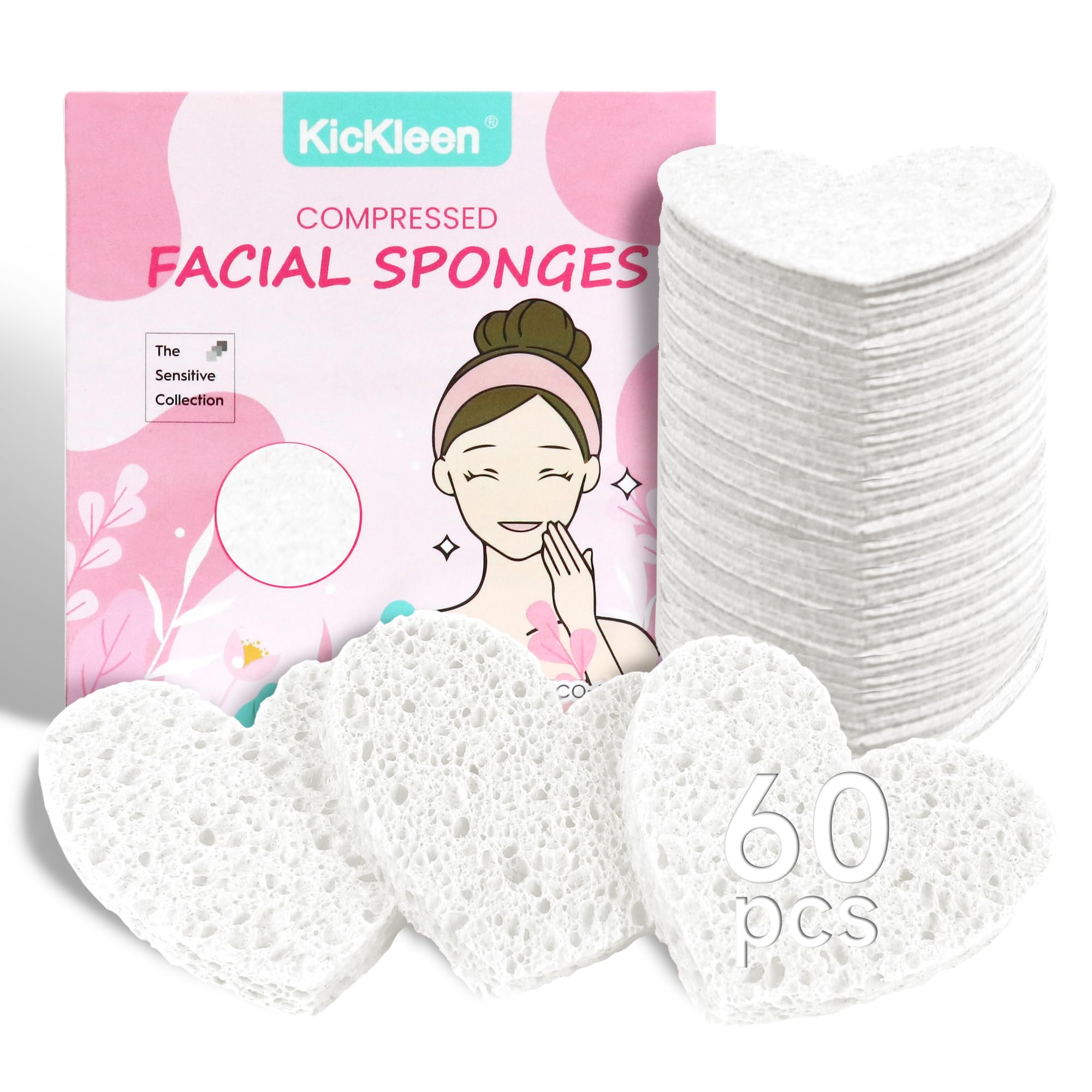Kickleen 60-Count Compressed Cellulose Heart Shape Facial Sponges | 100% Natural Spa Sponges for Makeup and Mask Removal | Exfoliating | Reusable | Skin Massage (White)