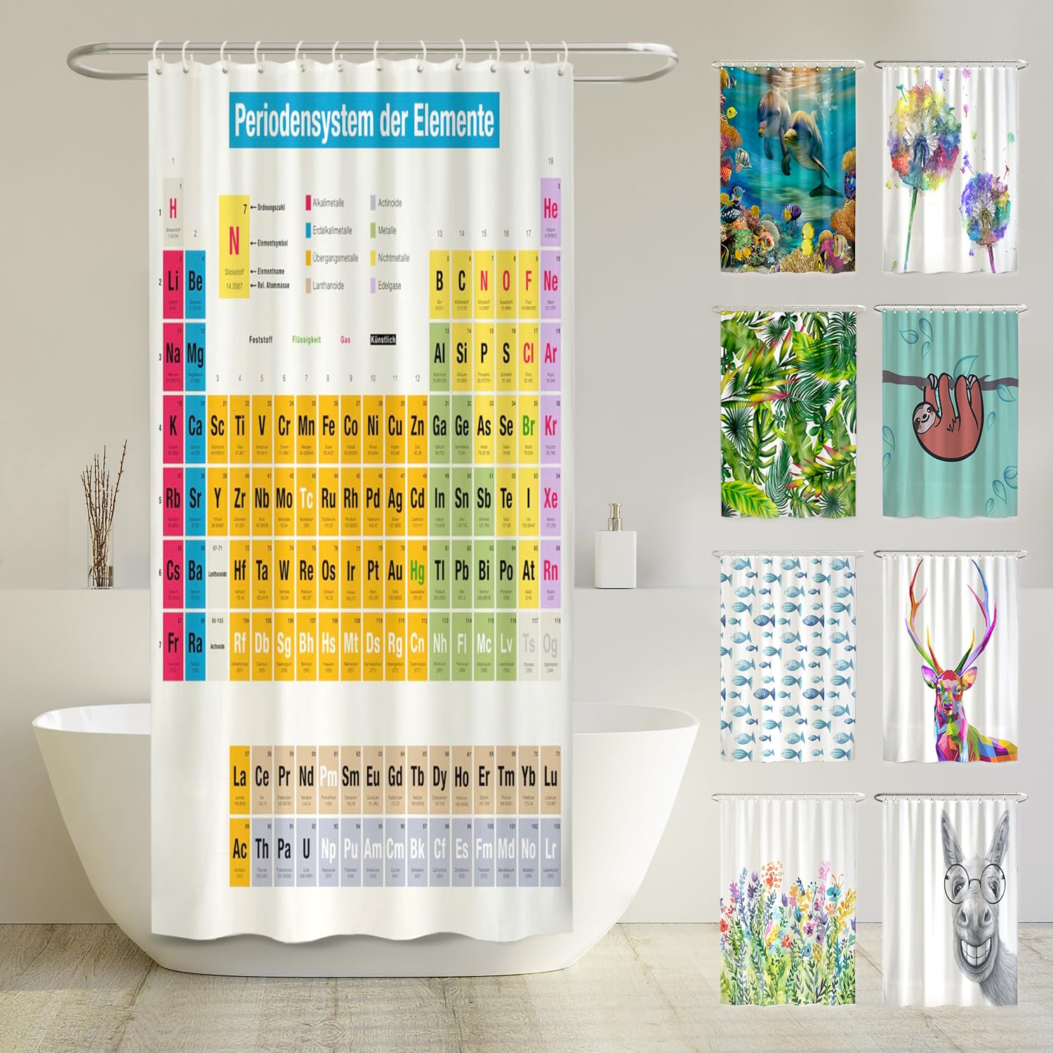 arteneur® - Periodic Table German Shower Curtain - Anti-Mould Shower Curtains 120 x 200 cm with Oeko-Tex Standard 100 - Weighted Hem, Waterproof, Washable, 8 Rings & E-Book with Cleaning Tips — image 1