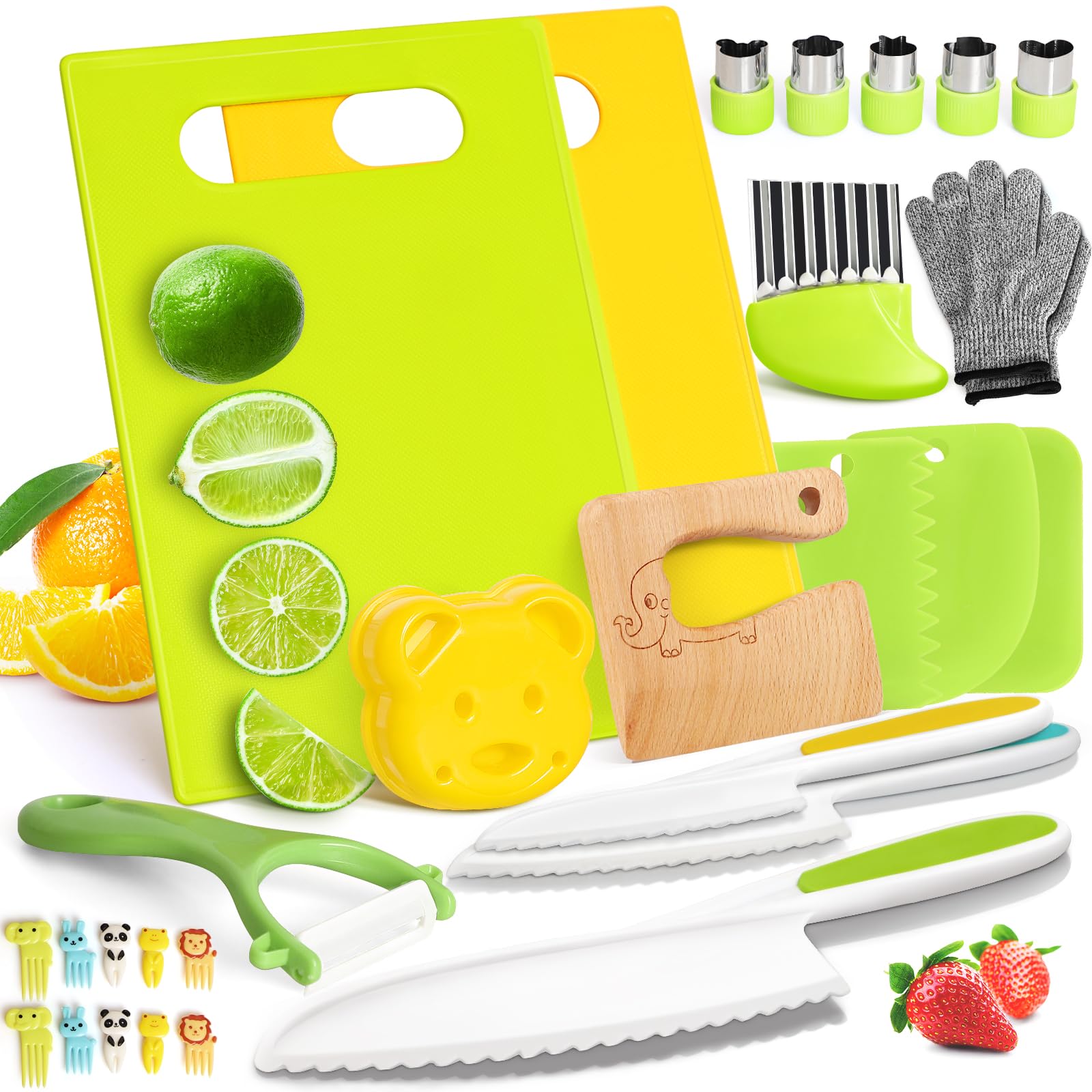 28PCS Toddler Knife Set - Kids Knifes for Real Cooking, Wooden Kids Kitchen Knife Set with Gloves Cutting Board Crinkle Cutters Kid Safe Knives, Toddlers Kitchen Tools