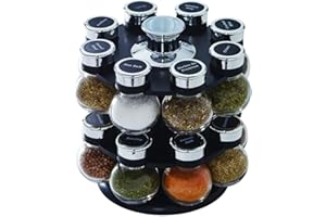 Kamenstein 16 Jar Ellington Revolving Countertop Spice Rack with Lift & Pour Caps and Spices Included, FREE Spice Refills for 5 Years: Black and Chrome