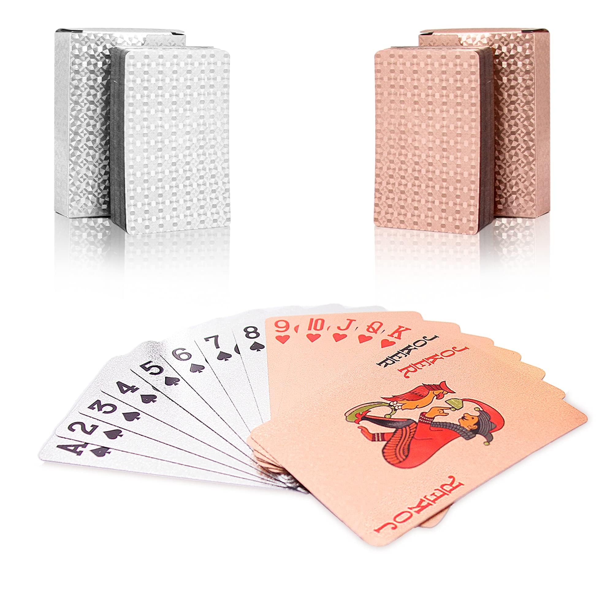 SWINILAYA Waterproof Poker Cards 2 Decks PVC Standard Playing Cards Set, 52 Card Deck, Waterproof Card Game (Silver & Rose)
