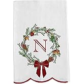 Mary Square Christmas Wreath Monogram N Tea Towel Red and White 14 x 6.5 All Cotton Kitchen Hand Towel | Festive Holiday Home Décor & Giftable