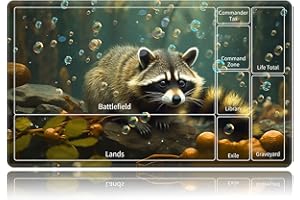 BVDIKMI Playmat for MTG, Card Game Mat Non-Slip Rubber Base and Stitched, 24 x 14 inch TCG Play Mat for MTG and Other Card Games (A - Zones), Magic Forest Raccoon