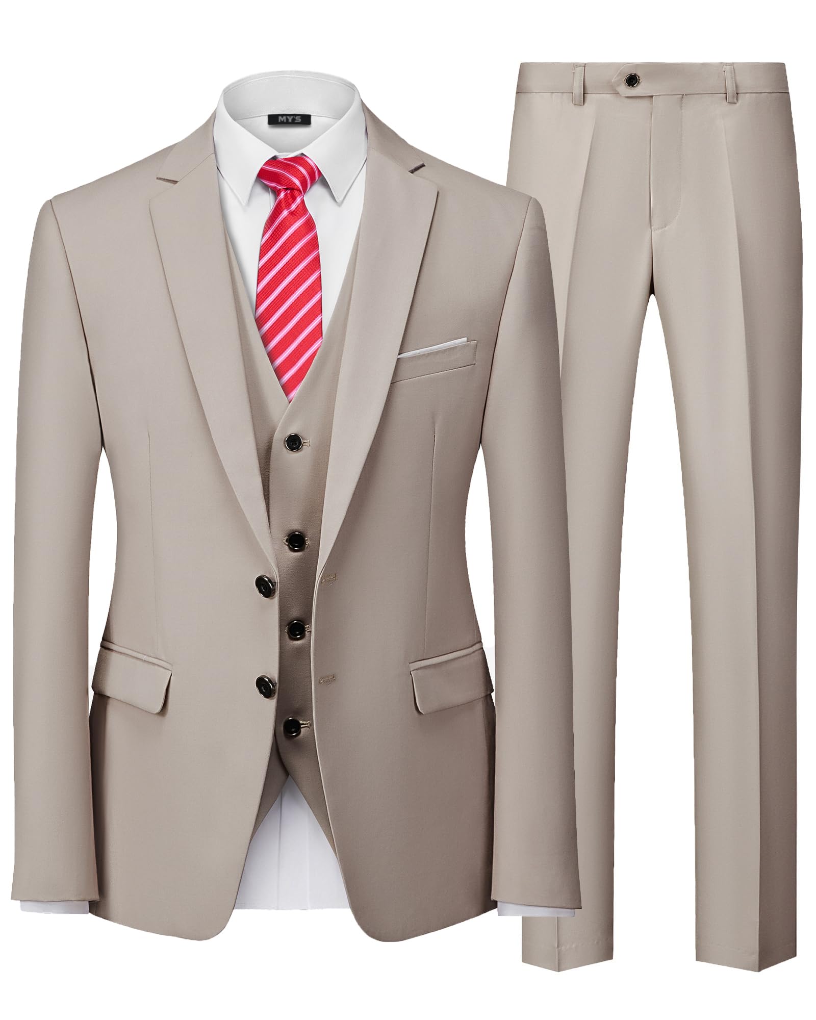 Photo 1 of MY'S Men's 3 Piece Slim Fit Suit Set with Tie, 2 Button Blazer Jacket Vest & Pants, Business Wedding Party Prom Suit for Men, Beige XX-Large