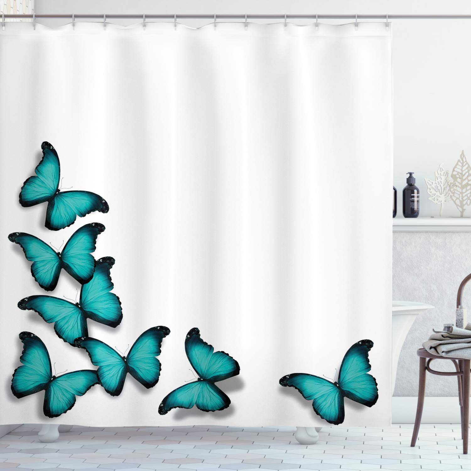 ABAKUHAUS Turquoise Shower Curtain, Butterflies Morphs Pattern Spring Sunny Day Warm Weather Free Enjoyment, Cloth Fabric Bathroom Decor Set with Hooks, 70 Inches, Black Turquoise — image 1