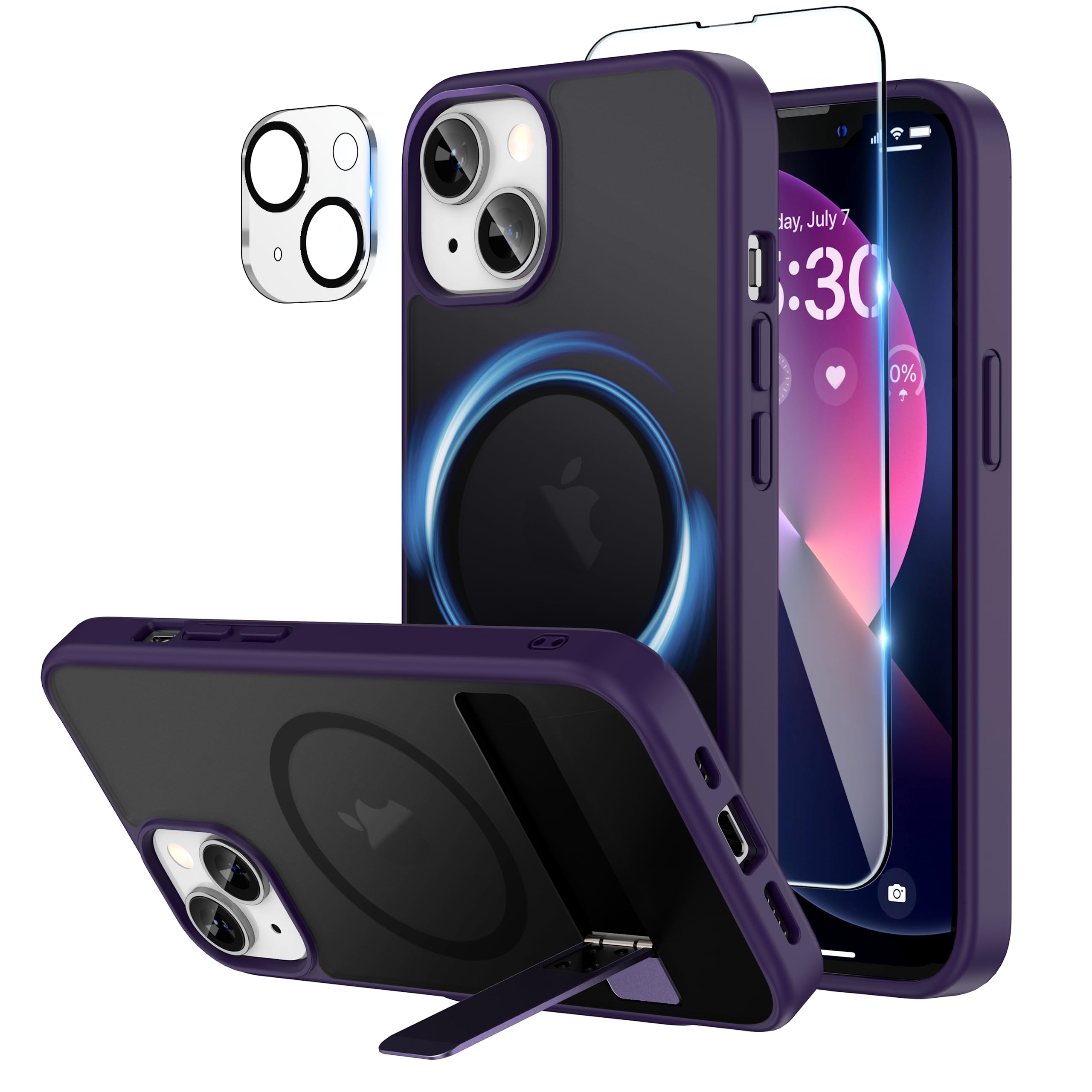 Niunisi Magnetic Case for iPhone 13 Case 6.1-Inch, Slim Kickstand with Screen Protector Compatible with Magsafe Shockproof Matte Phone Case Cover (Purple, for iPhone 13 6.1 inch)