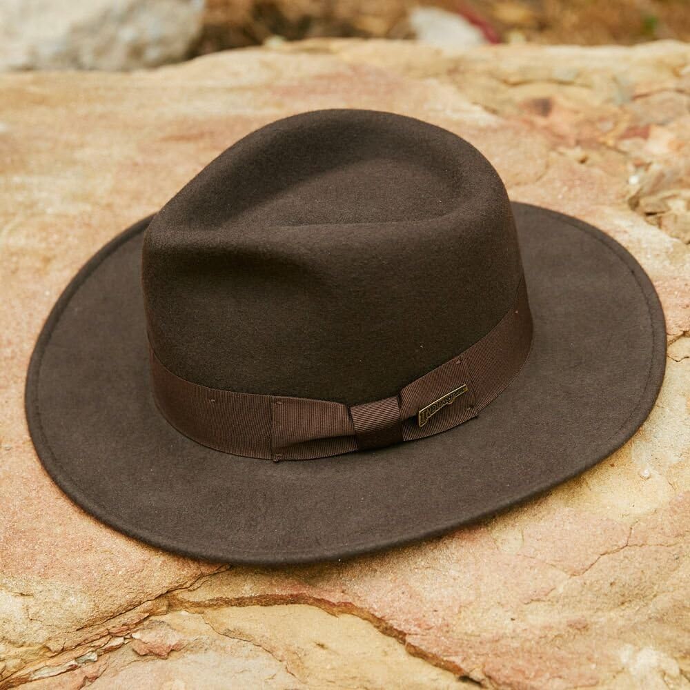 Indiana Jones Men's Wool Felt Water Repellent Outback Fedora with Grosgrain at  Men’s Clothing store: Indiana Jones Hats