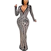 PORRCEY Sexy Elegant Rhinestone Dress for Women Mesh See Through Bodycon Birthday Cocktail Party Club Night Evening Gowns
