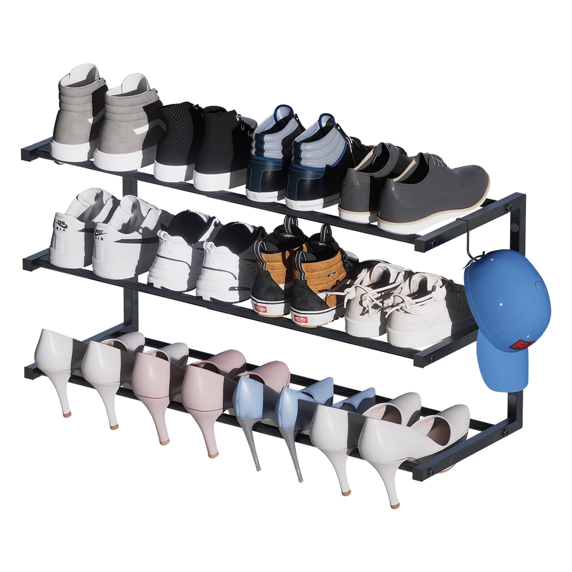 Photo 1 of Jchccu Wall Mounted Shoe Rack, 3 Tier Hanging Shoe Rack Holds 12 Pairs, 17"-30" Adjustable Heavy Duty Metal Shoe Organizer Holder with 2 Storage Hooks, Space Saving for Closet Entryway Doorway?Black