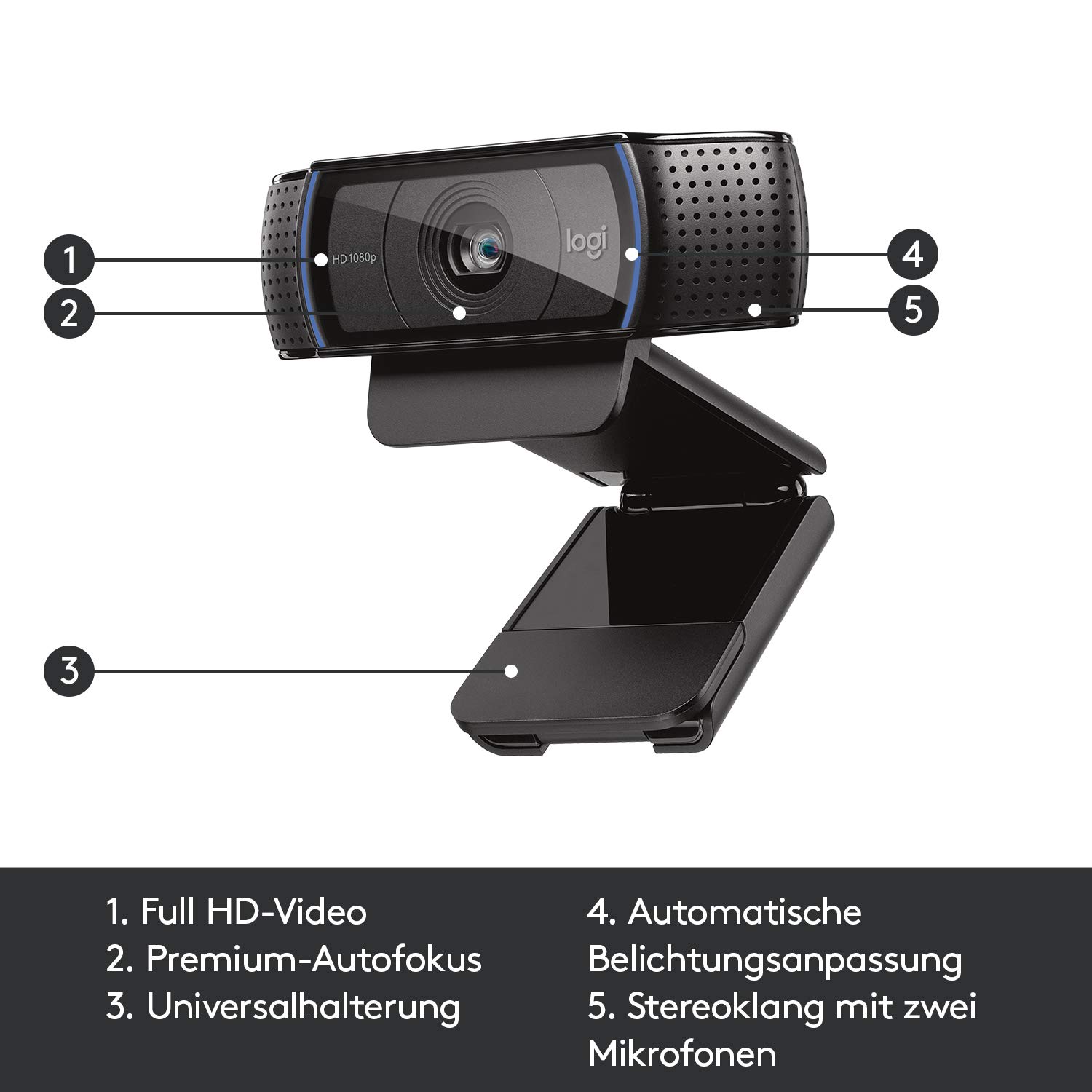 Logitech C920 HD PRO Webcam, Full-HD 1080p, 78° Sichtfeld, Autofokus, Klarer Stereo-Sound, Belichtungskorrektur, USB-Anschluss, Für Skype, FaceTime, Hangouts, etc., PC/Mac/ChromeOS/Android - Schwarz 7