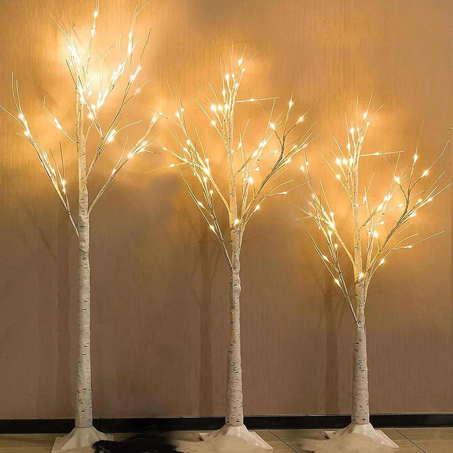 Trees - Set of 3 Lighted Birch Tree 4FT 5FT and 6FT, Higher Size, Timer Function Birch Christmas Tree with 144 LED Warm White Lights for Indoor Christmas Decorations Outdoor Yard Garden Home Bedroom Party