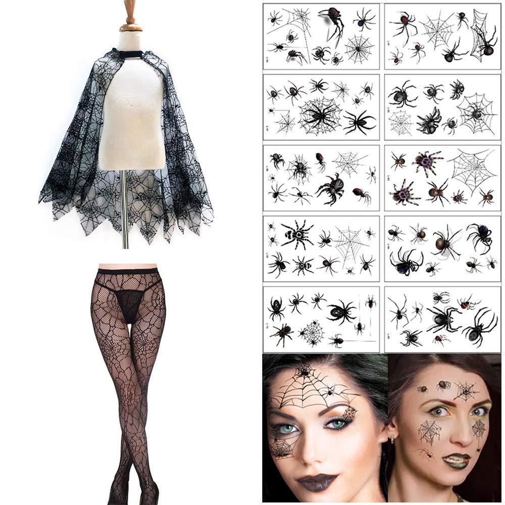 Lifreer Halloween Spider Web Costume Set for Women: Witches Cape, Tights, Face Tattoos - One Size, Black