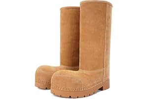 LACIKOSZ Faux Suede Platform Fuzzy Snow Boots Round Toe Hippy Winter Boots Slip On Knee High Chunky Heel Fur Tall Boots for Women