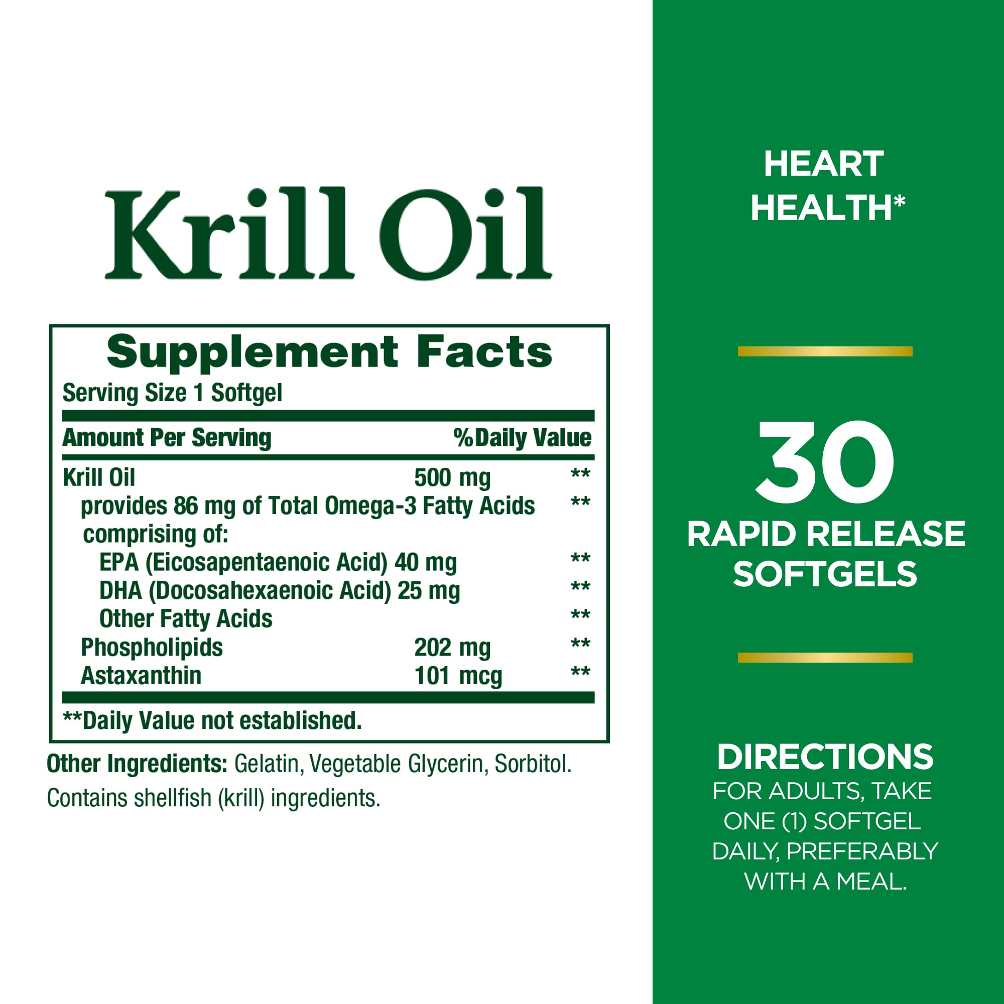 nature's bounty krill oil, heart health, dietary supplement, 500mg, rapid release softgels, 30 count