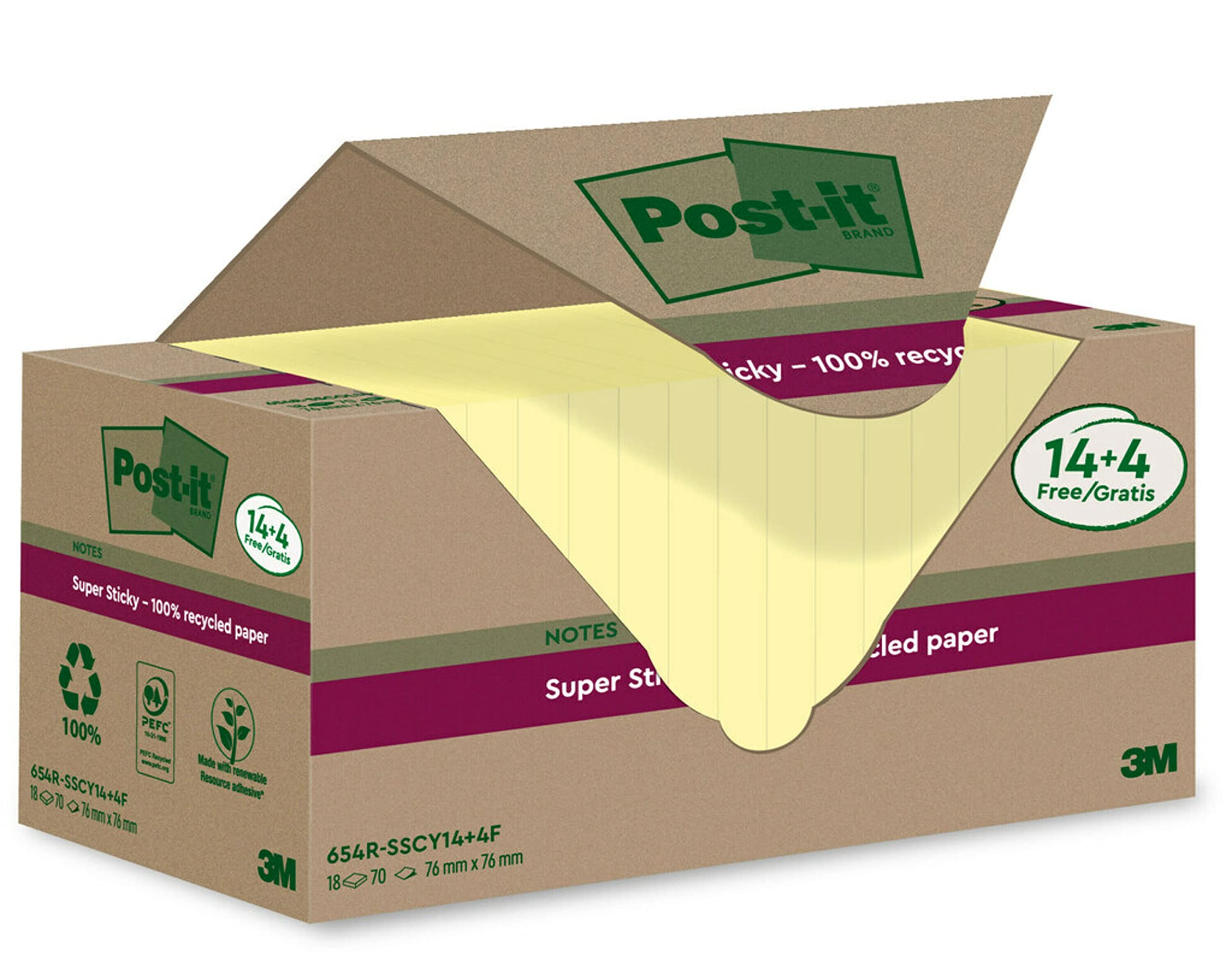 Post-it Super Sticky 100% Recycled Notes, Pack of 14+4 Free Pads, 70 Sheets per Pad, 76 mm x 76 mm, Canary Yellow - Extra Sticky Notes Made from 100% Recycled Paper