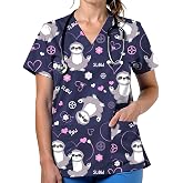 VillbeCoser Scrubs for Women Cute Printed V Neck Scrub Top Nurse Shirt | Short sleeves, side slits and two deep pockets create a practical printed scrubs top for healthcare settings and daily wear