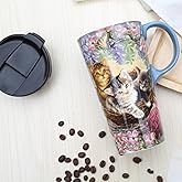 TZSSP Ceramic Coffee Mug,Coffee Travel Mug with Handle & Lid,Travel Cup for Porcelain,17 oz,Tall Tea Mug in Gift Box for Home & Office, Flower & Cat Art Pattern
