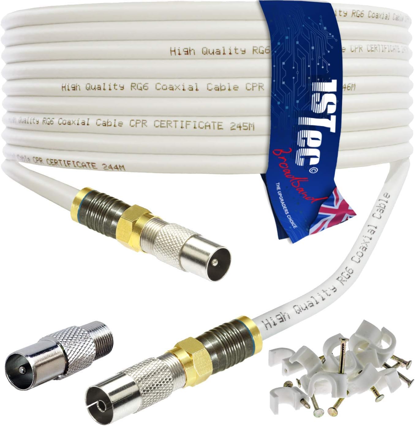 1STec 7m Digital TV Male to M or Female Gold Plated F-Connector Webro TiVo Cable for FreeView HD Freesat BT YouView Satellite Dish or Rooftop Aerial to Wall Box Plug or Socket Lead (7 Metre, White)