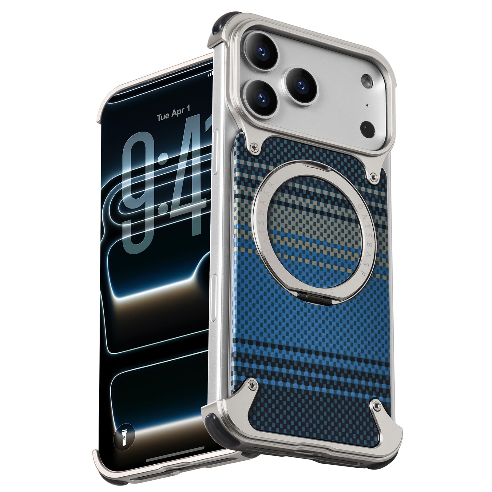 OATSBASF Frameless for iPhone 17 Pro Max Case, Sleek Minimalist Protective Shock Absorption Aerospace Grade Shells with 360° Rotating Kickstand, Checkered Pattern-Natural Titanium