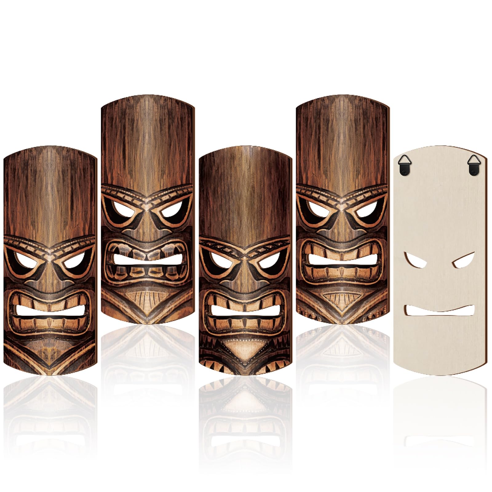 Photo 1 of Soulchen 4 Pcs 11.8 Inch Wooden Tiki Masks Tiki Totem Hanging Decorations Island Tropical Polynesian Party Wood Wall Decor for Hawaiian Luau Bar