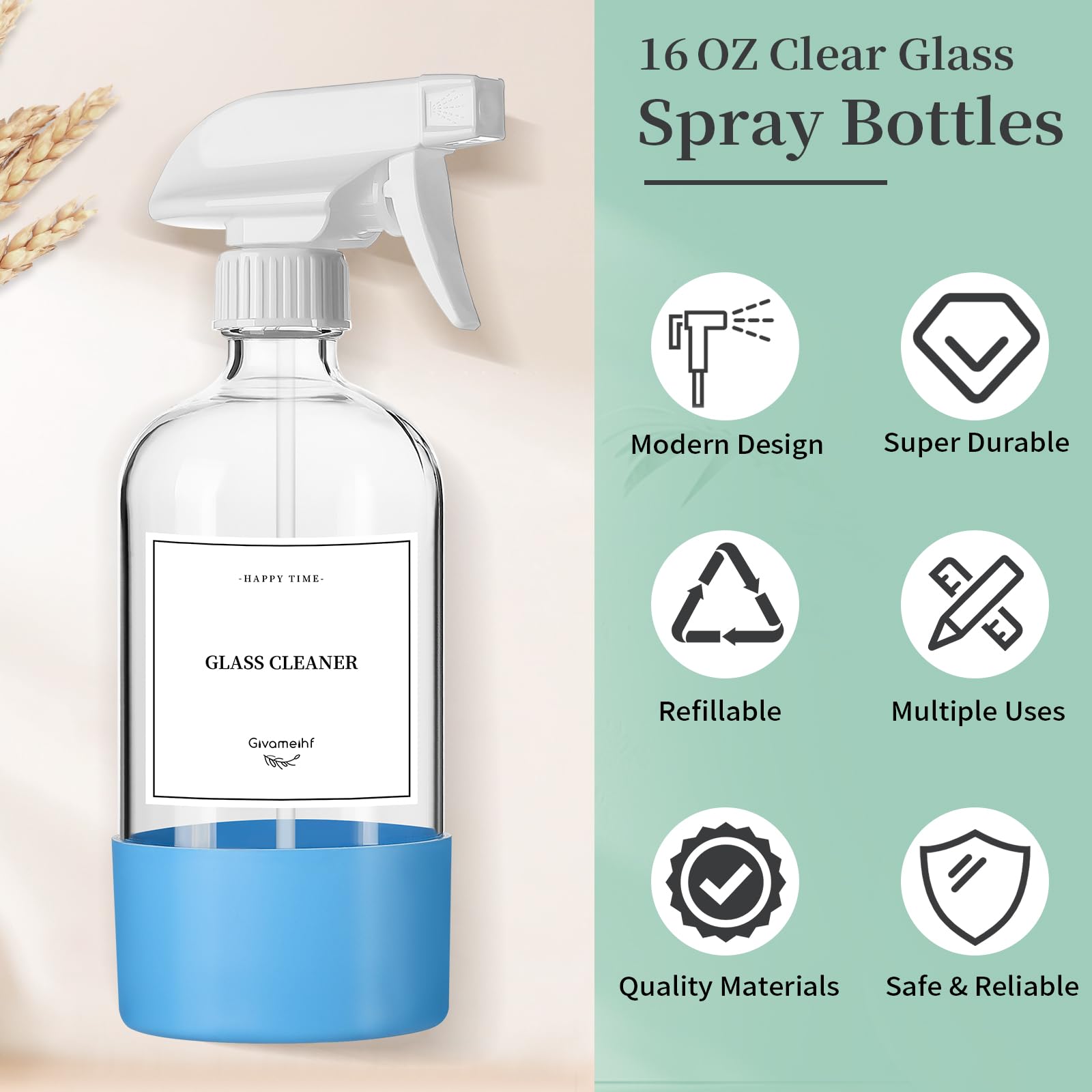 2 Pack Glass Spray Bottles with Silicone Sleeve,16oz Clear Glass Spray Bottles Refillable Empty Bottle with Adjustable Nozzle,Spray Bottle for Essential Oils,Cleaning Solutions,Pets,Hair