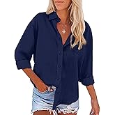 Womens Button Down Shirts Long Sleeve Dress Linen Shirts Casual Collared Cotton Button Up Blouses Oversized Tops with Pockets
