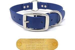 Regal Dog Products Large Blue Dog Collar with Custom Engraved Name Plate - Custom Fit, Resistant, Easy to Clean Biothane Wate