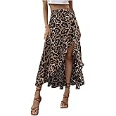 SweatyRocks Women's Ruffle Midi Skirt Leopard Print Slit Split High Waisted Flowy Long Skirts