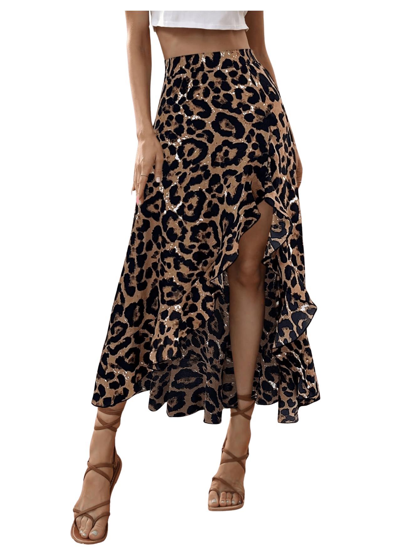 Photo 1 of SweatyRocks Women's Ruffle Midi Skirt Leopard Print Slit Split High Waisted Flowy Long Skirts Brown Large