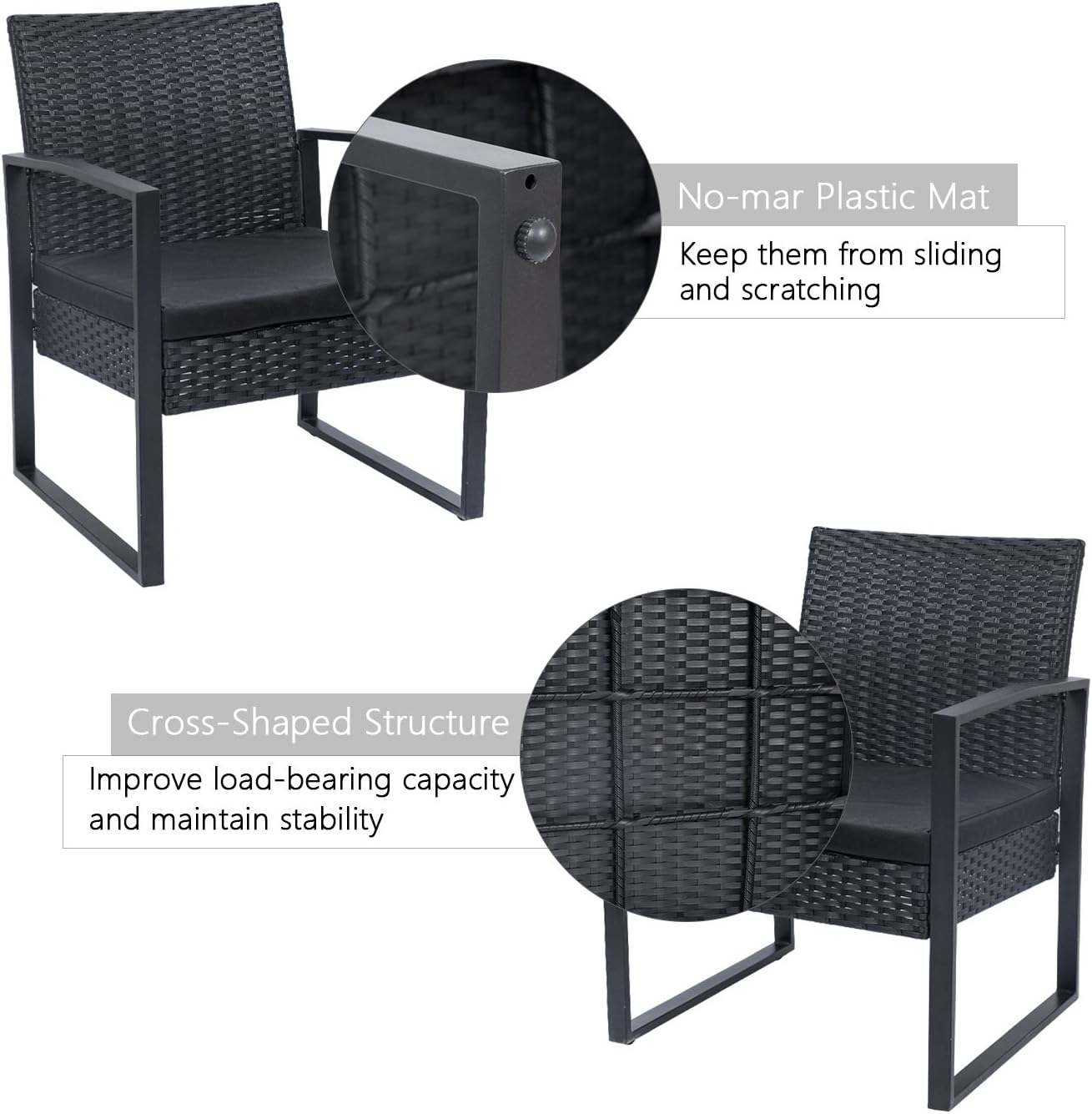 Flamaker 3 Pieces Patio Set Outdoor Wicker Patio Furniture Sets Modern Bistro Set Rattan Chair Conversation Sets with Coffee Table for Yard and Bistro (Black): Garden & Outdoor
