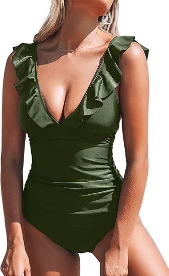 Amazon Cupshe レディース Vネック ワンピース 水着 フリル付き レースアップ モノキニ ワンピース 通販