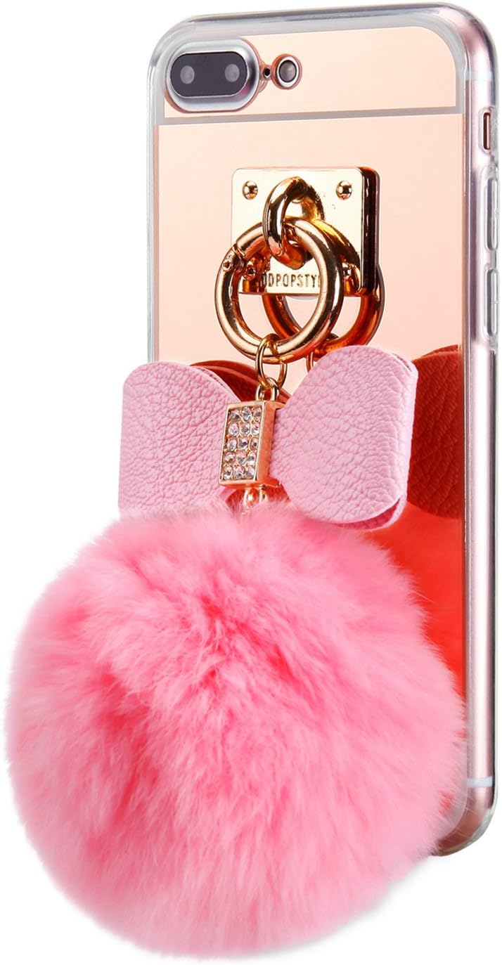 iPhone 8 Plus Case, iPhone 7 Plus Case for Girls, Cute Fashion Fluffy Fur Ball Bowknot with Ultra Slim-Fit Anti-scratch Mirror Back TPU Case Cover for iPhone 7 Plus(2016)/ iPhone 8 Plus(2017)(Pink)