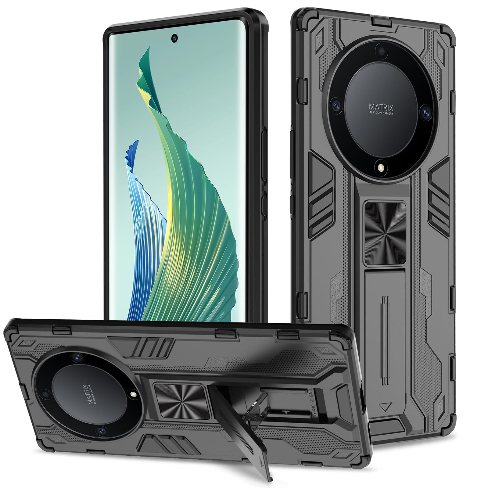 Btstring Case for Honor Magic5 Lite 5G/Honor X9a 5G, Heavy Duty Shockproof Case with Stand Protective Tough Armour Personalised Phone Cover Case - Black — image 1