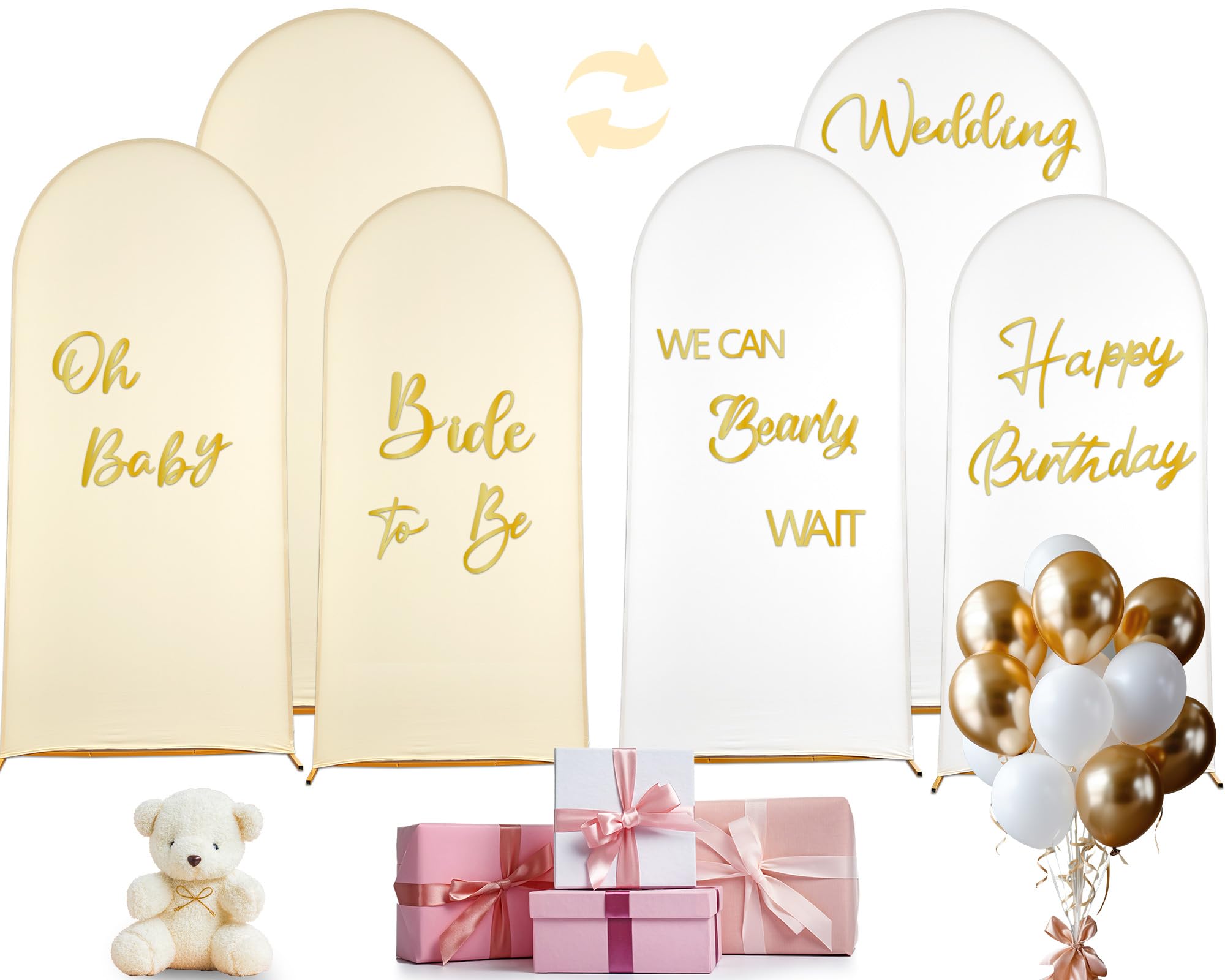 Photo 1 of Double Color Wedding Arch Cover Set of 3 7.2ft 6.6ft 6ft Spandex Fitted Stretchy Arch Stand Covers with Party Sign Round Top Backdrop Cover for Wedding Birthday Party Bridal Baby Shower (White+Beige)