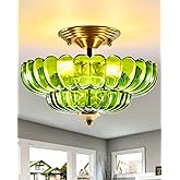 Rjieoc Black Semi Flush Mount Ceiling Light with Green Glass Shades, 3-Light Modern Farmhouse Lighting Fixture for Kitchen, B