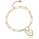 Gold Charm Initial Bracelets for Women, 14K Gold Plated Dainty Heart Bracelet for Women, Best Friend Sister Paperclip Chain Love Bracelet, Pulseras de Mujer