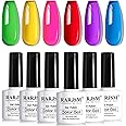 RARJSM Neon Jelly Gel Nail Polish Set 6pcs Clear Crytal Glass Yellow Blue Green Red Pink Purple Transparent Sheer Gel Varnish LED UV Curing Requires French Manicure Soad off Summer Iridescent Colors