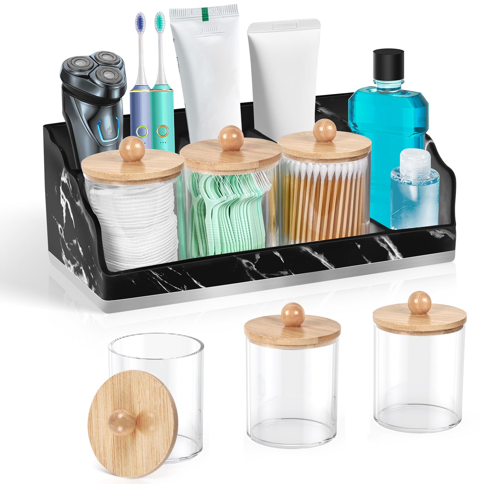 Photo 1 of (USED/FAIR) TuCao Marble Bathroom Countertop Organizer, Toothbrush Holders for Bathroom with 3PCS Qtip Holder Dispenser and Toothpaste Holder Drainage for Bathroom Accessories Organization Counter Vanity Storage