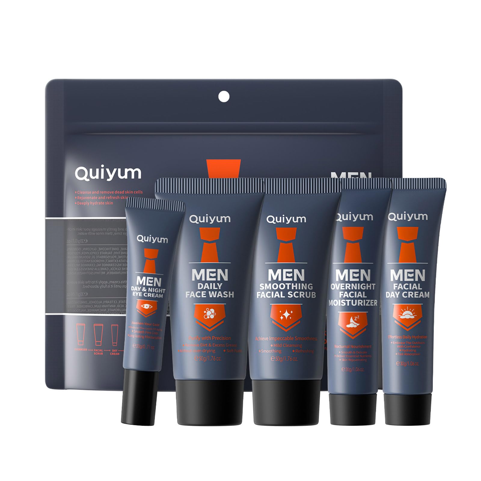 Mens Facial Skin Care Kit, Gifts for Men, 5 Piece Essential Skin Care Routine Set for Men With Facial Cleanser, Face Scrub, Eye Cream, Day Cream & Overnight Moisturizer Travel Size Kit