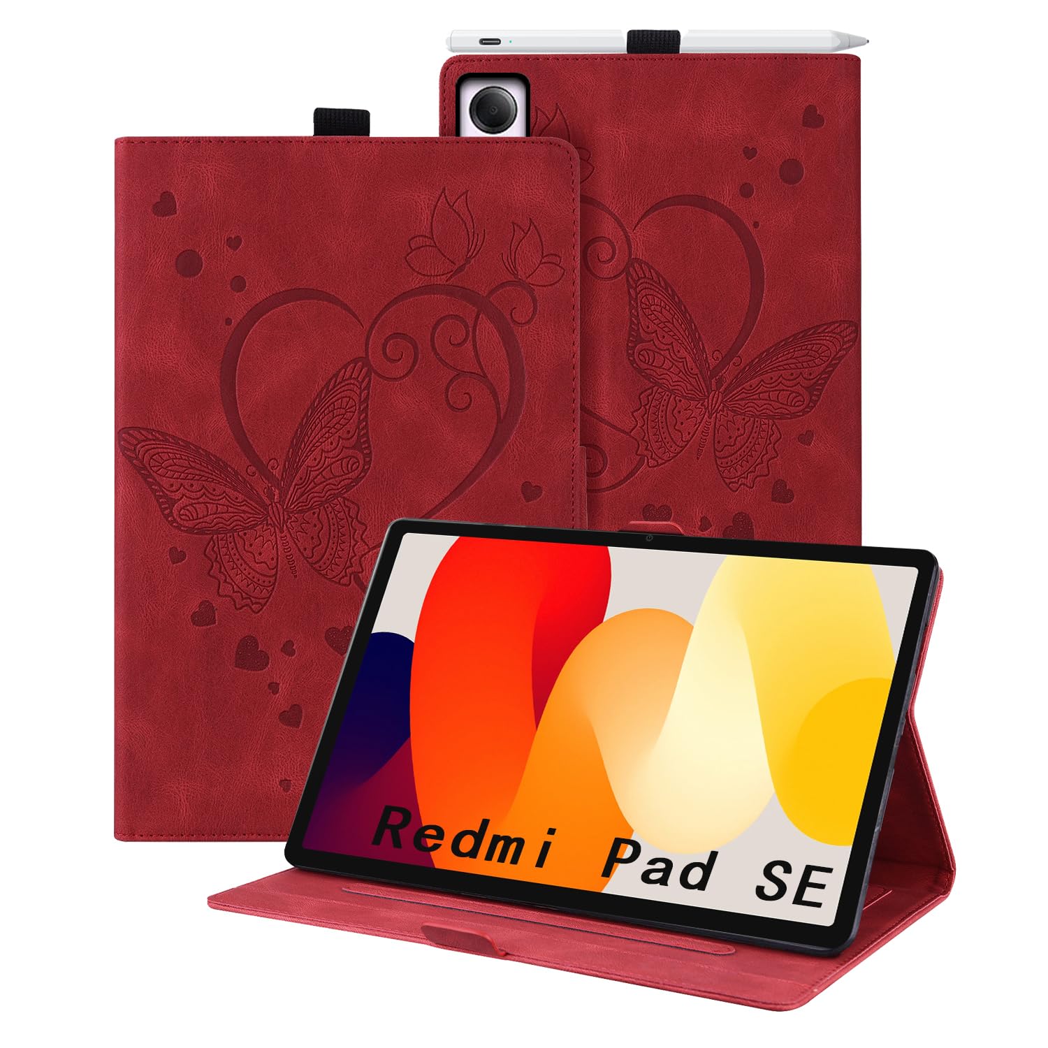 Auslbin Xiaomi Redmi Pad SE Case 2023 11", PU Butterfly Embossed Leather with Stand Function and Pen Holder for Xiaomi Redmi Pad SE 11" 2023, Red Butterfly
