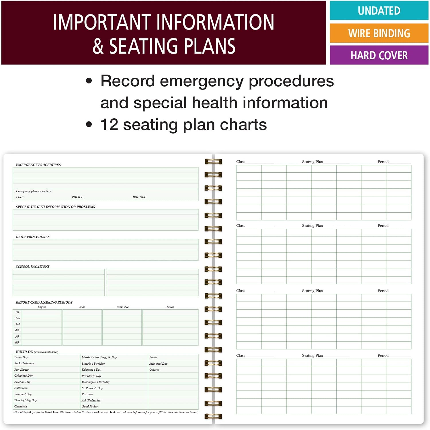 Class Record Book for 9-10 Weeks. 35 Names. Larger Grade Recording Squares. (R1035 - Gold Dots Torquoise) : Office Products